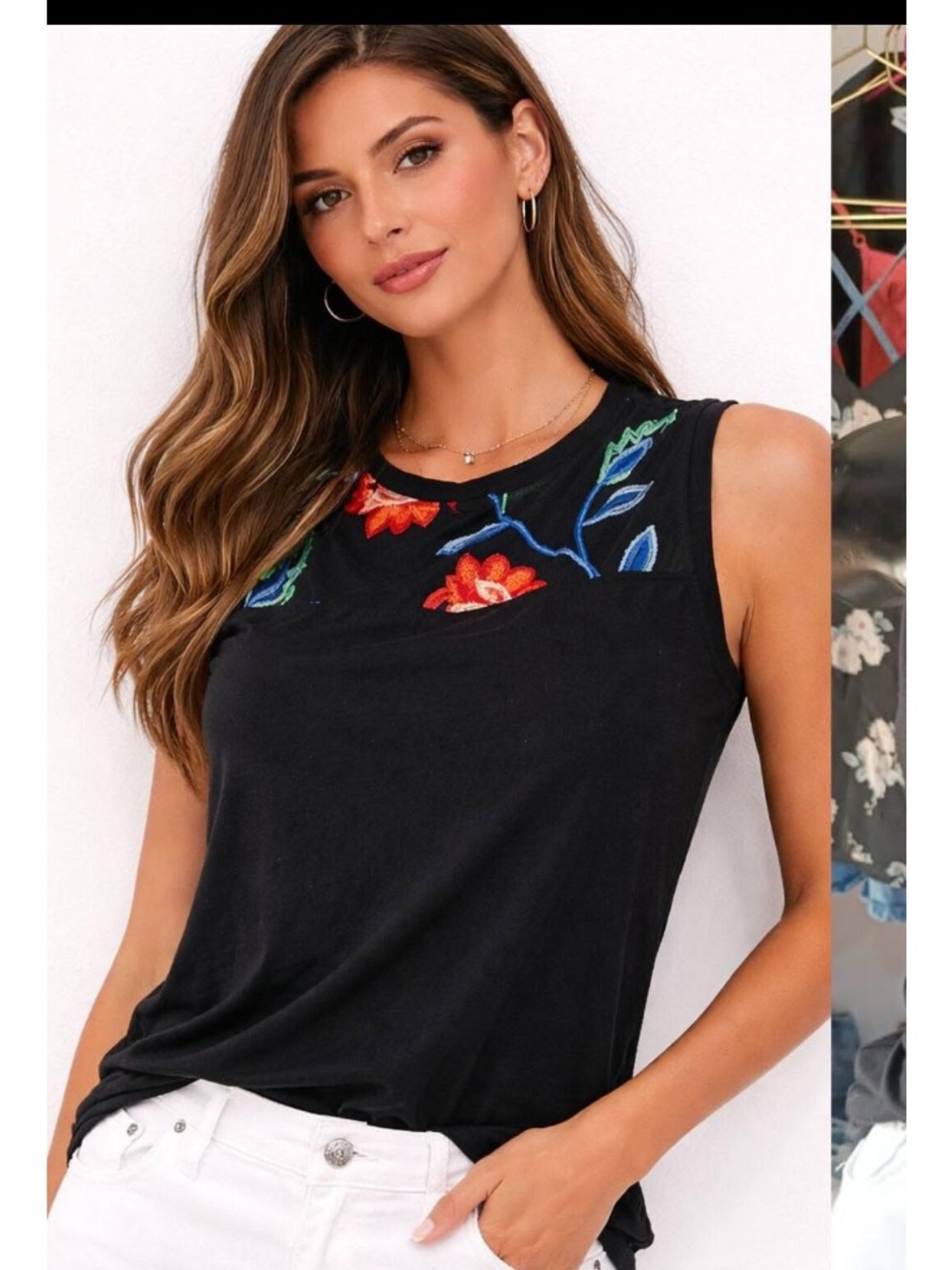 Kim & Cami Black Blouse with sheer Floral Embroidery